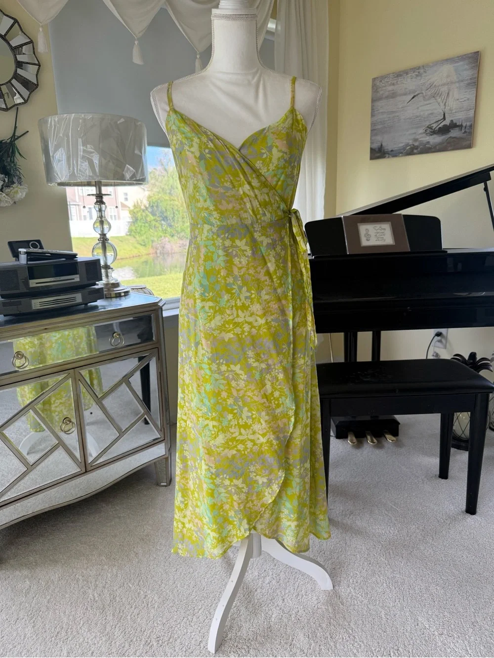 On Twelfth Wrap dress soft green watercolor florals flowing summer womens